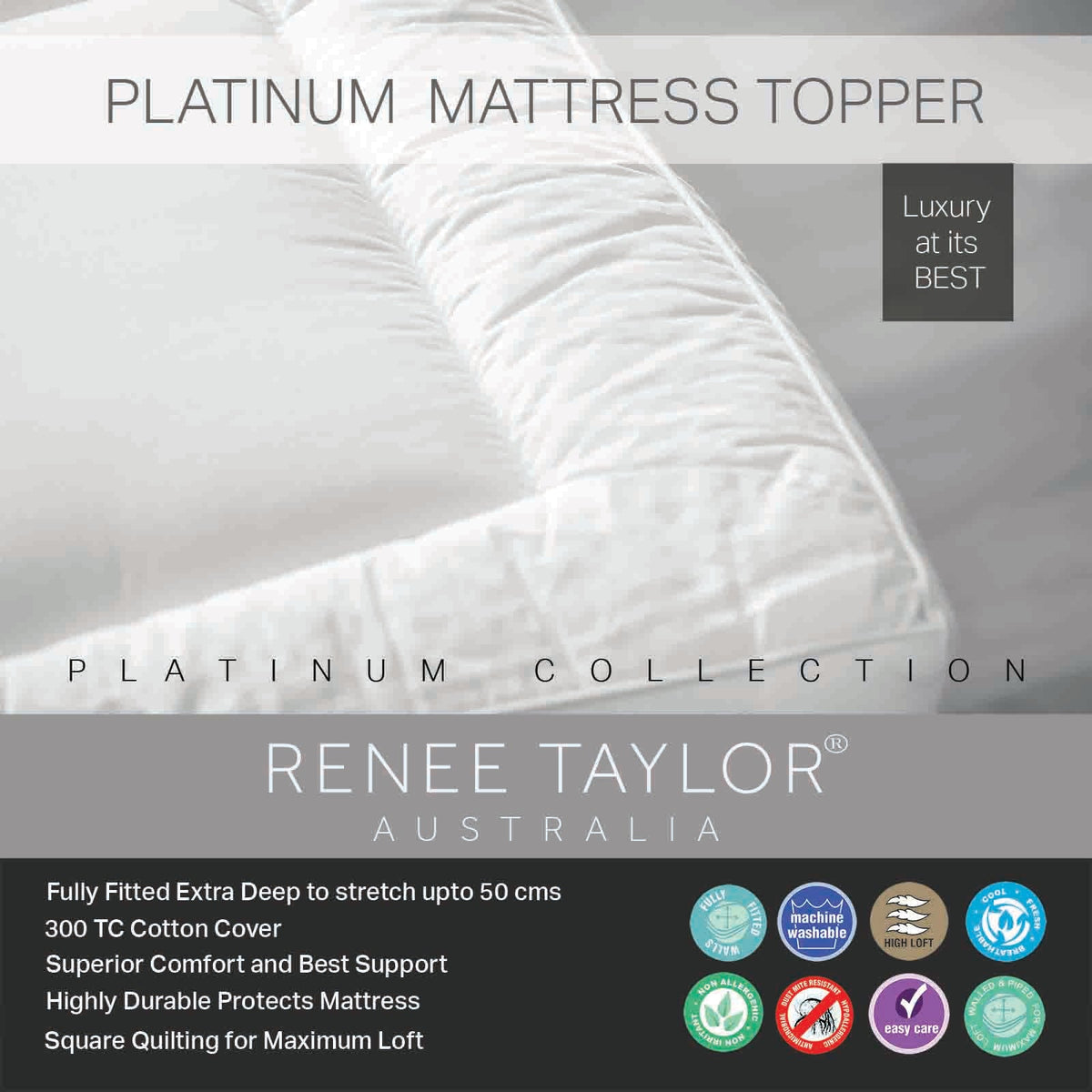 Renee Taylor Platinum 1500 GSM High Loft Fitted Mattress Topper (HealthGuard Treated)