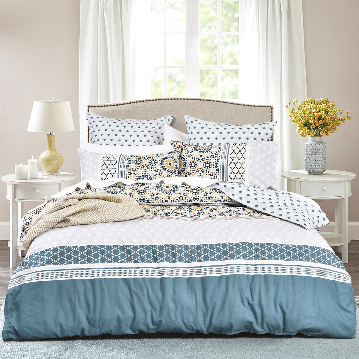 Renee Taylor Benitta 300TC Cotton Reversible Quilt Cover Set - Indigo (OEKO-TEX Certified)