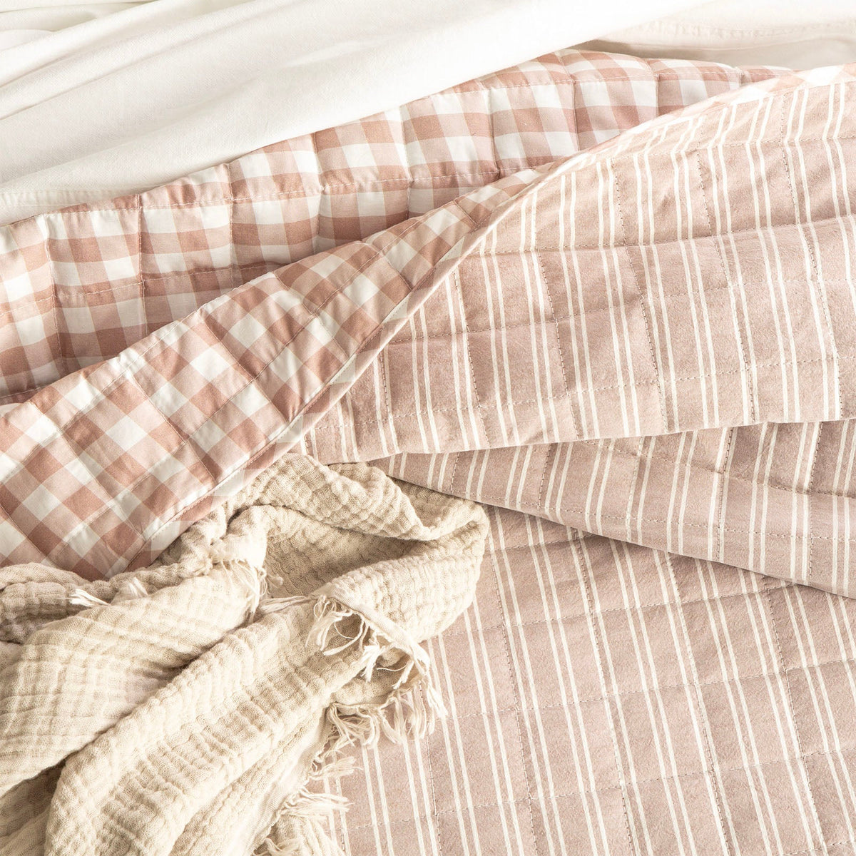 Renee Taylor Alison Yarn Dyed Cotton Reversible Quilted Coverlet Set - Clay (OEKO-TEX Certified Bedspread)