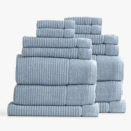 Renee Taylor Cambridge 650 GSM Waffle Cotton Bath Towel Set - Blue Mirage (2 to 14 Piece Packs)
