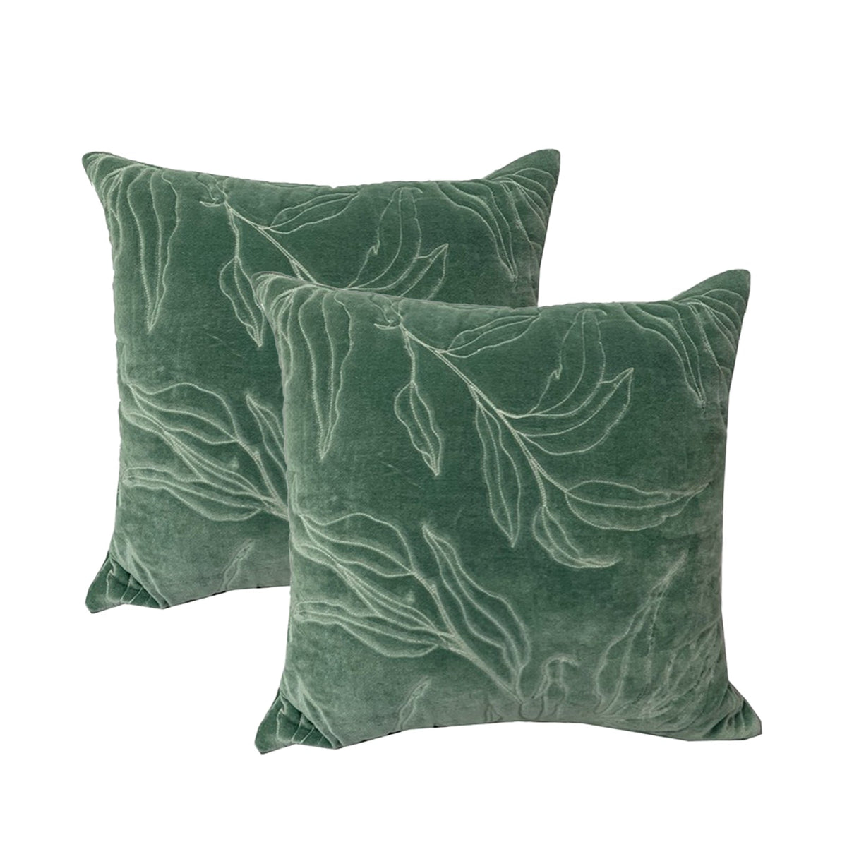 2x Cloud Linen Sophie Cotton Velvet Cushion - Juniper (Square Decorative Throw Pillow Twin Pack - 50 x 50cm)