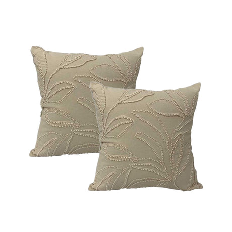 2x Cloud Linen Riviera Cotton Embroidered Cushion - Natural (Square Decorative Throw Pillow Twin Pack - 50 x 50cm)