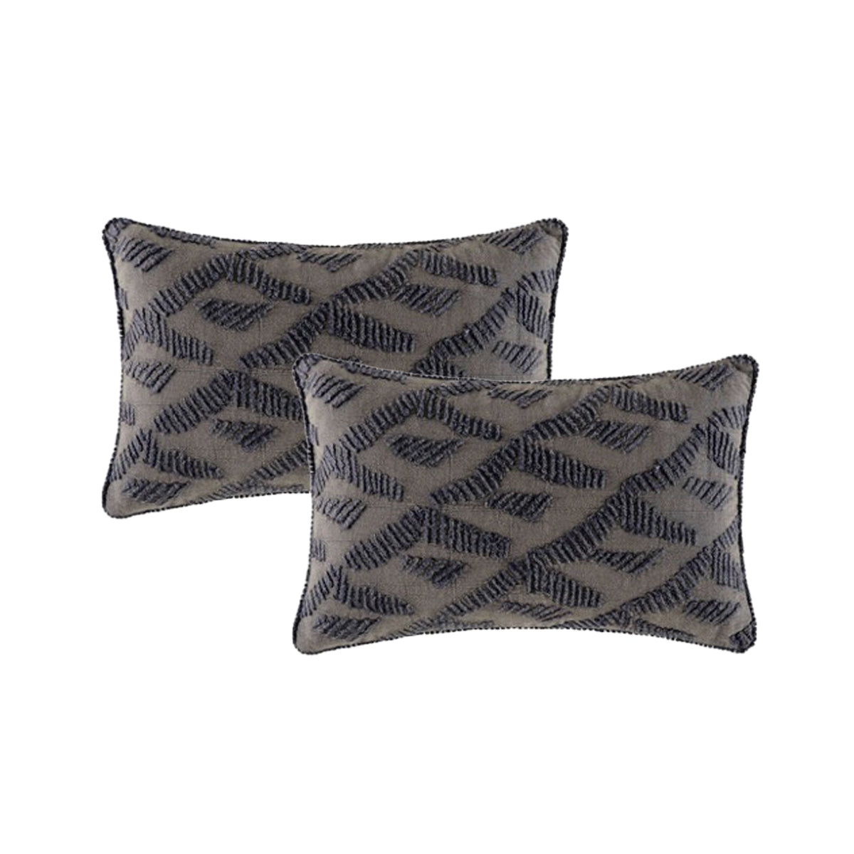 2x Cloud Linen Lulu Cotton Embroidered Cushion - Grey (Rectangle Decorative Throw Pillow Twin Pack - 33 x 55cm)