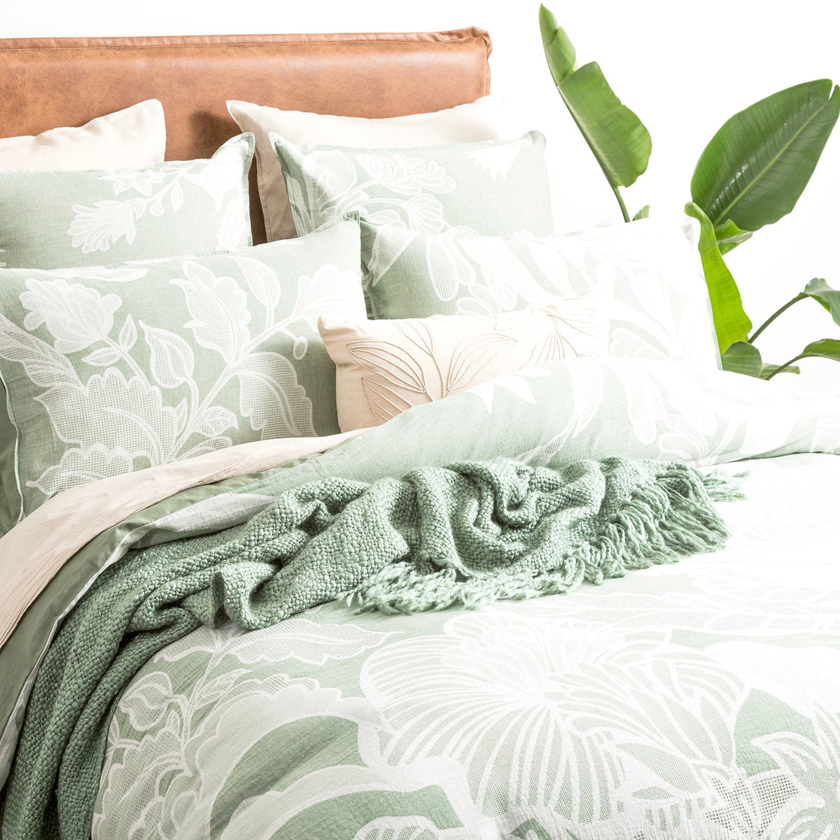 Renee Taylor Bentley Floral Cotton Jacquard Quilt Cover Set - Sage Green (OEKO-TEX Certified)