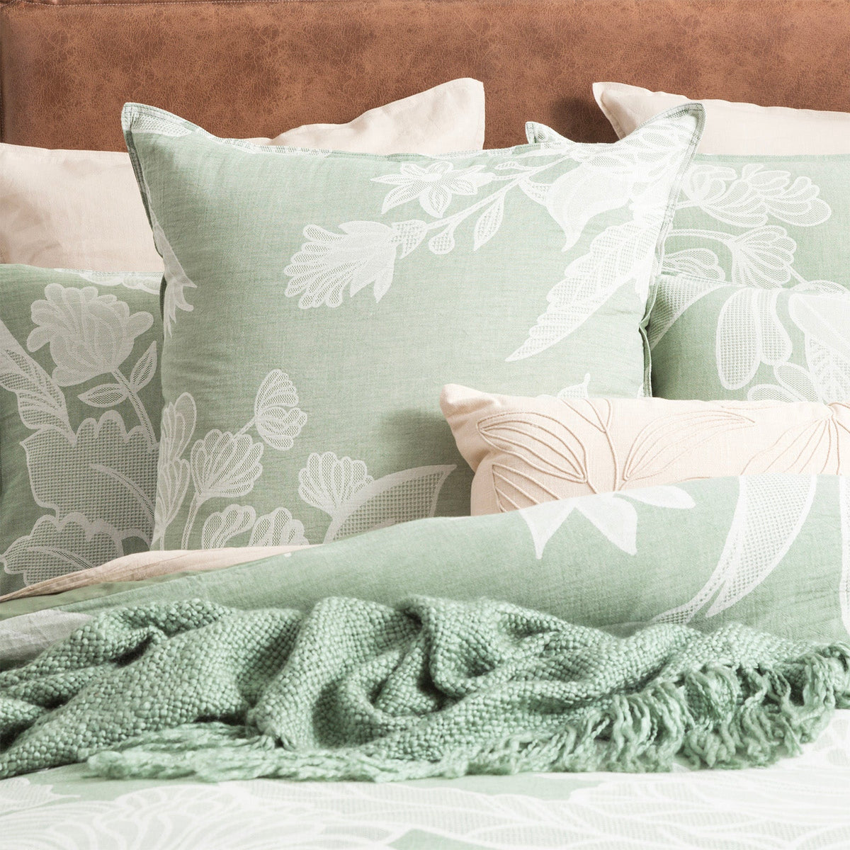 Renee Taylor Bentley Floral Cotton Jacquard Quilt Cover Set - Sage Green (OEKO-TEX Certified)