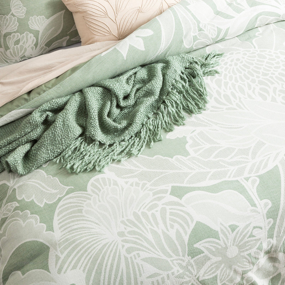 Renee Taylor Bentley Floral Cotton Jacquard Quilt Cover Set - Sage Green (OEKO-TEX Certified)