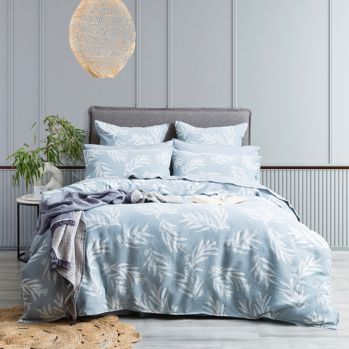 Renee Taylor Native Floral Cotton Jacquard Quilt Cover Set - French Blue (OEKO-TEX Certified)