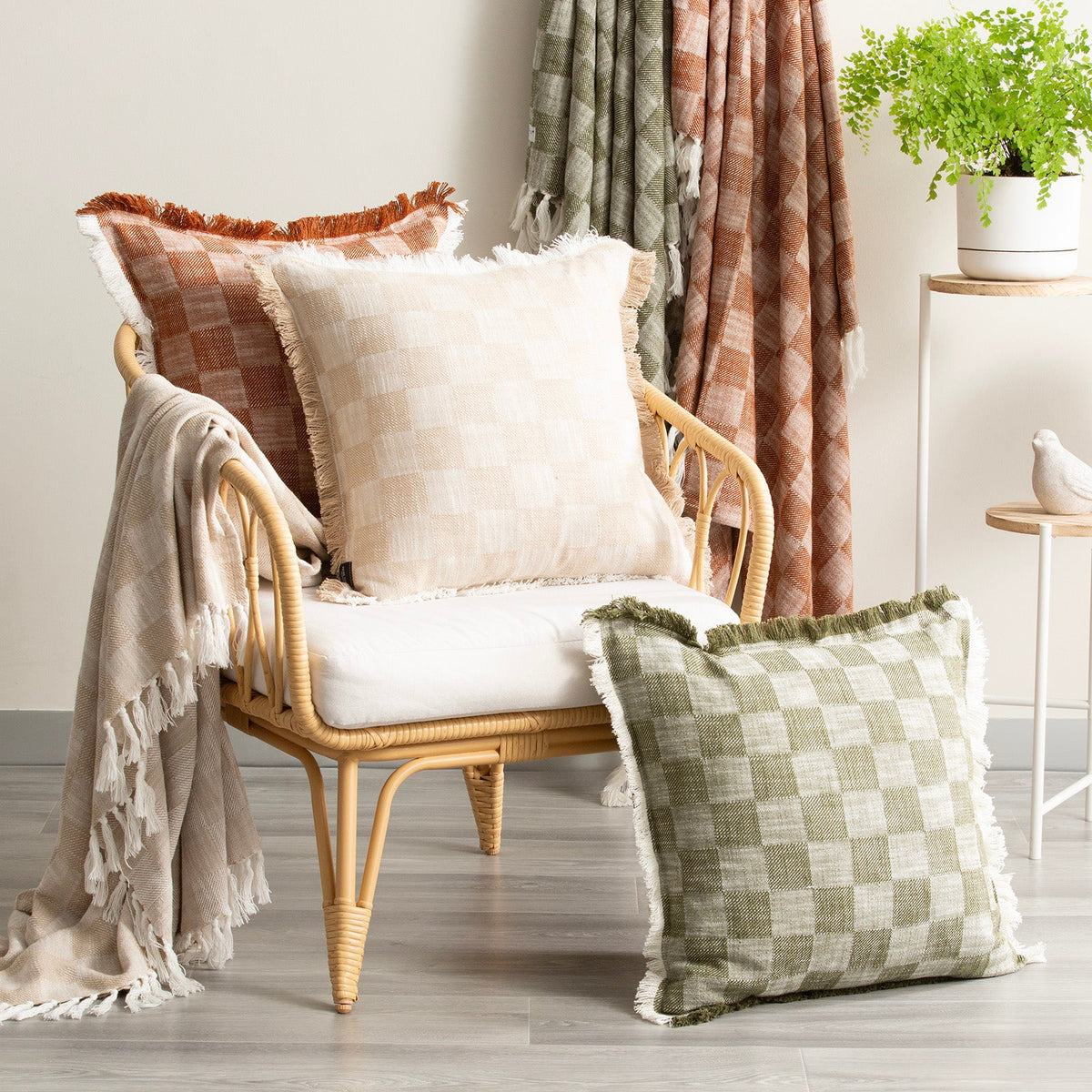 Renee Taylor Noah Checkered Stonewashed Cotton Cushion - Nude (Square Decorative Throw Pillow - 50 x 50cm)