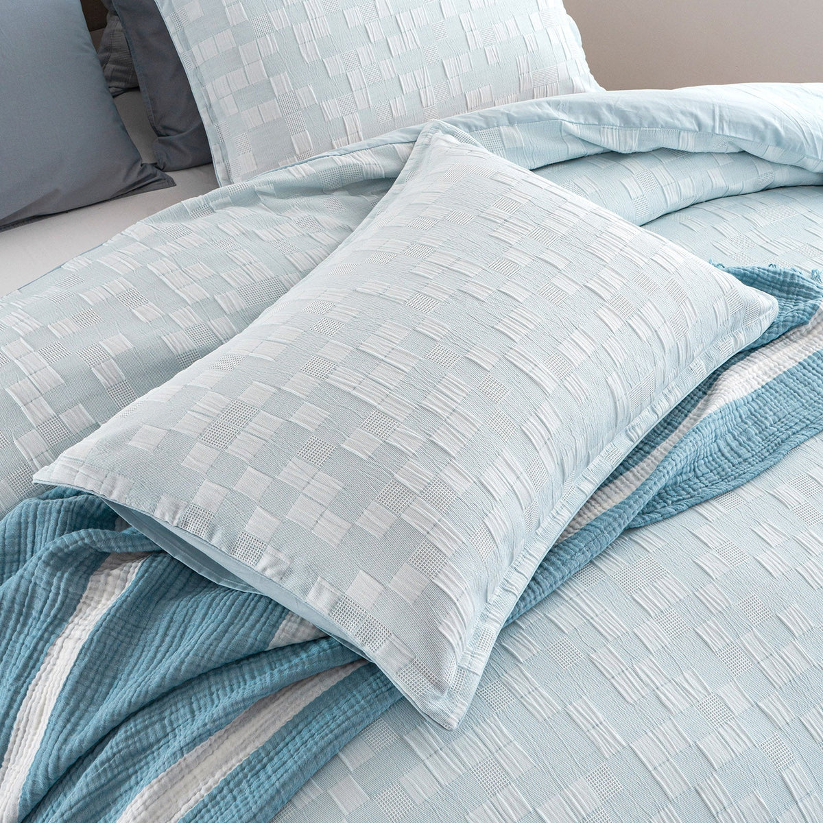 Renee Taylor Jervis Check Jacquard Quilt Cover Set - French Blue (OEKO-TEX Certified)