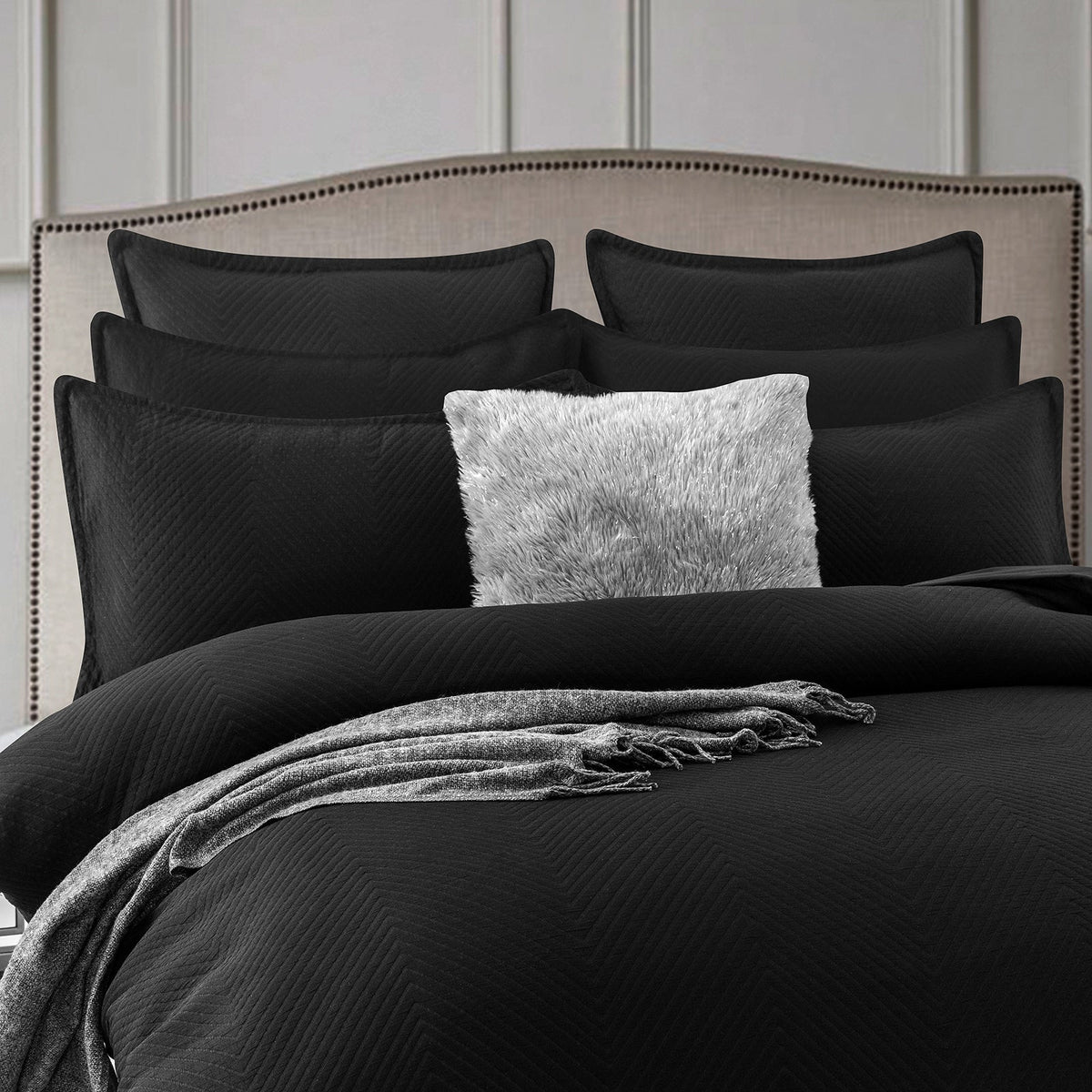 Renee Taylor Chevron Embossed Jacquard Quilt Cover Set - Black (OEKO-TEX Certified)