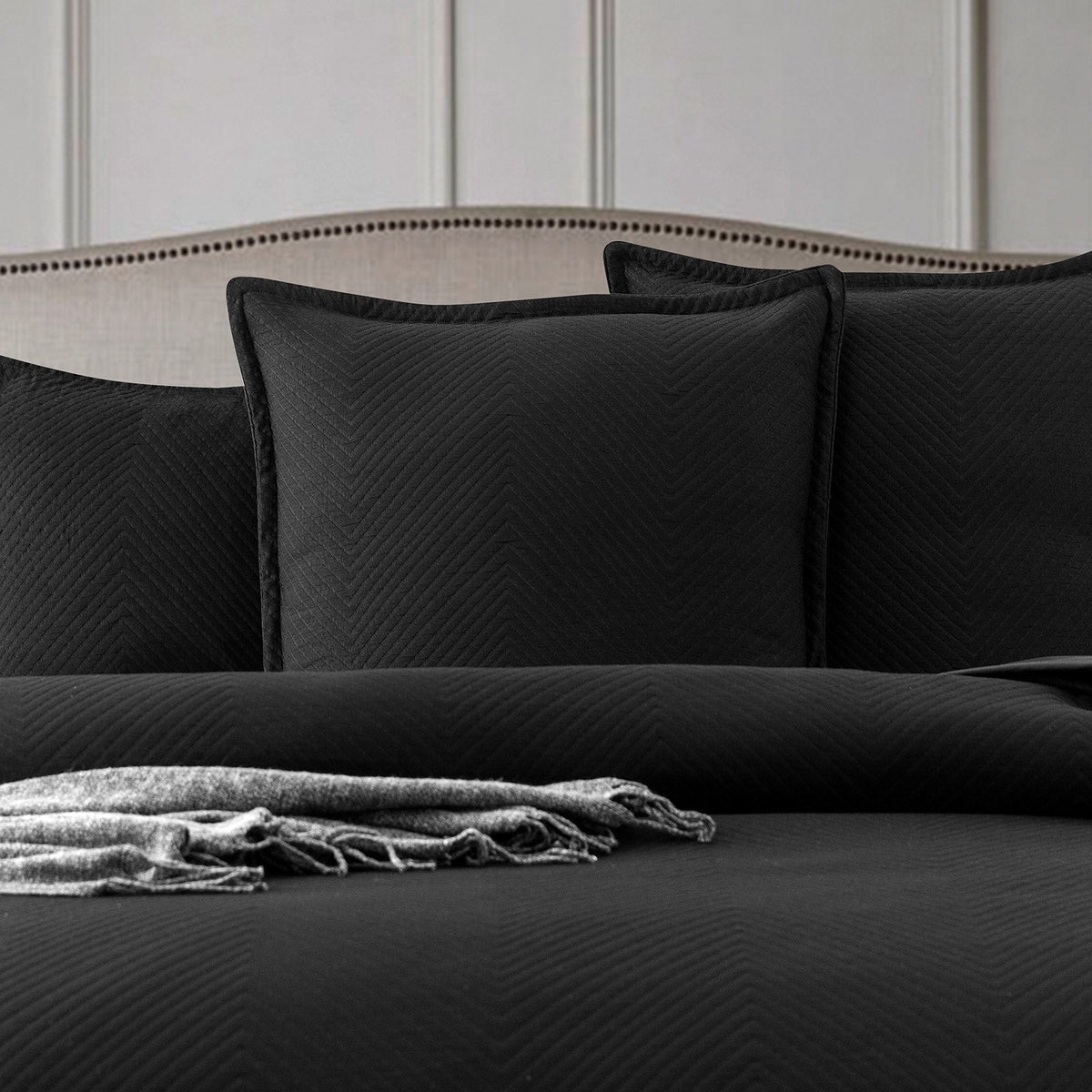 Renee Taylor Chevron Embossed Jacquard Quilt Cover Set - Black (OEKO-TEX Certified)