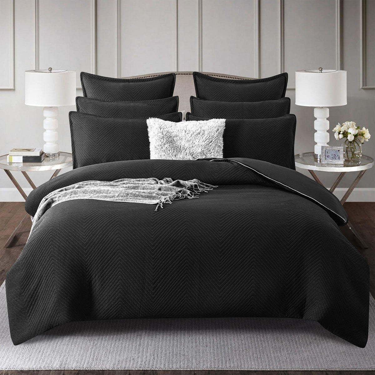 Renee Taylor Chevron Embossed Jacquard Quilt Cover Set - Black (OEKO-TEX Certified)