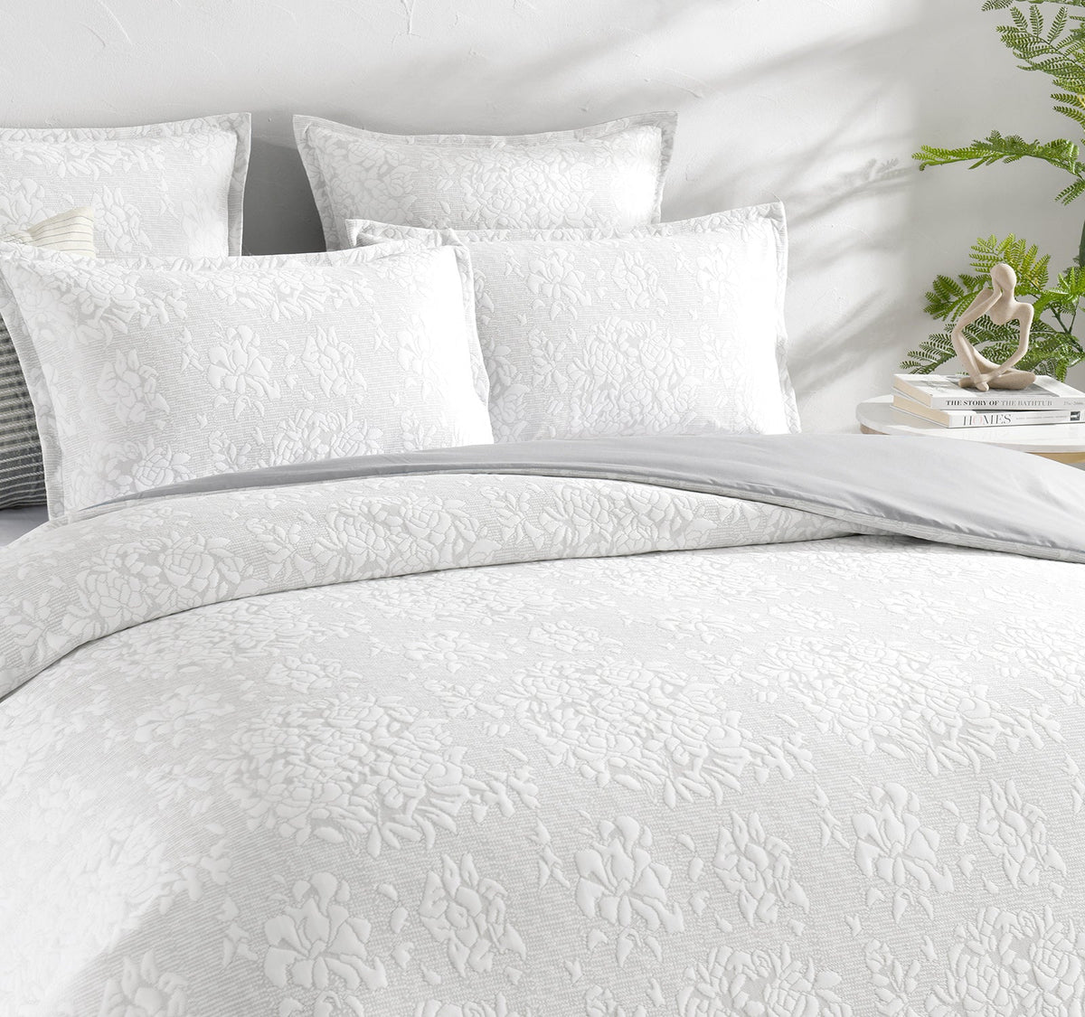Renee Taylor Chloe Floral Jersey Jacquard Quilt Cover Set - Ivory (OEKO-TEX Certified)