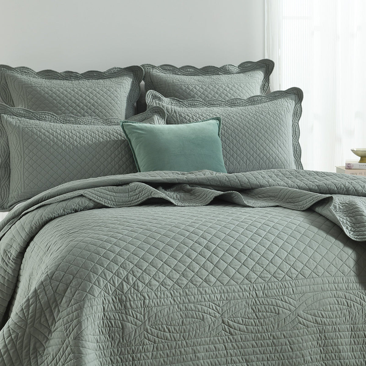 Renee Taylor Scallop Jacquard Coverlet Set - Juniper (OEKO-TEX Certified Bedspread)