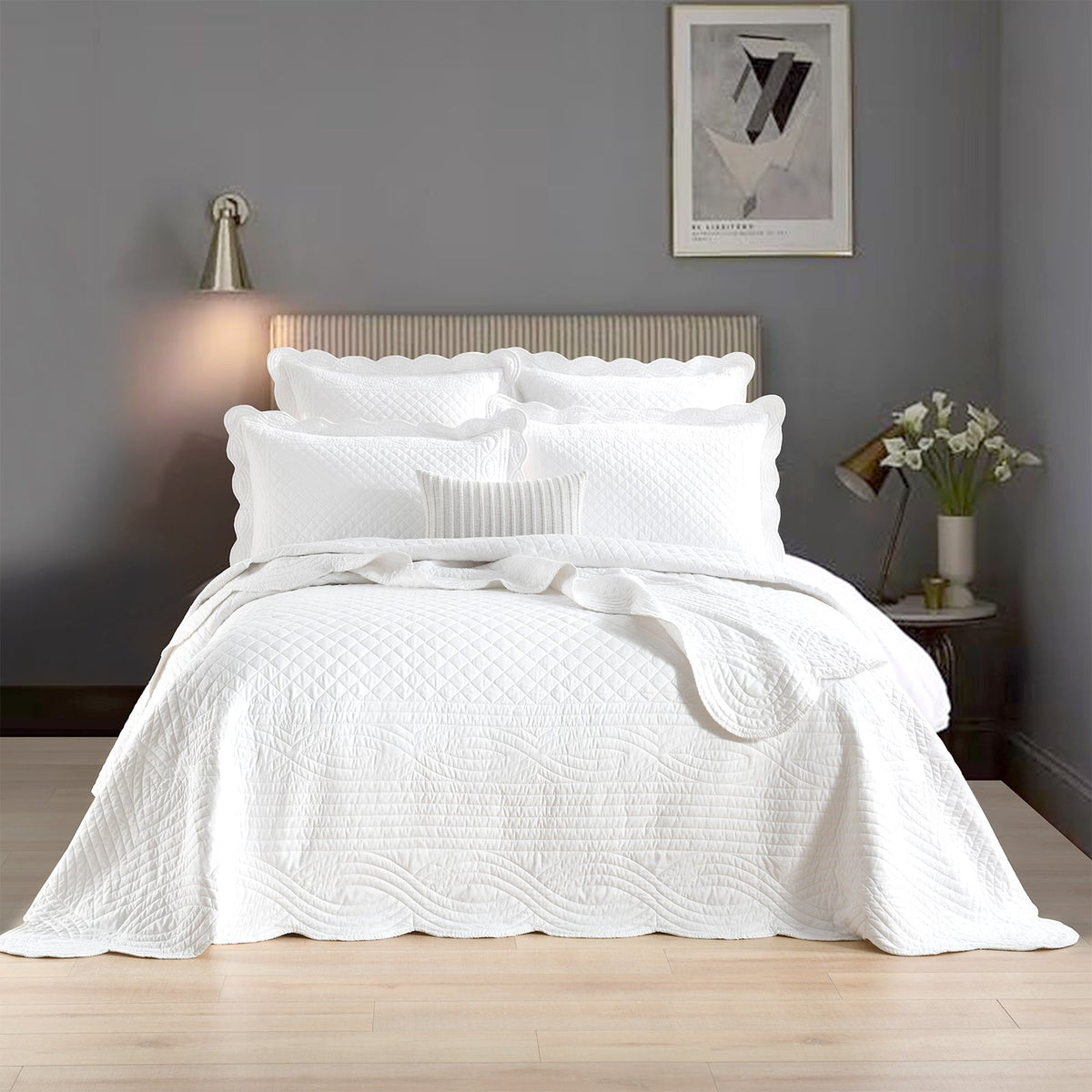 Renee Taylor Scallop Jacquard Coverlet Set - Pearl (OEKO-TEX Certified Bedspread)