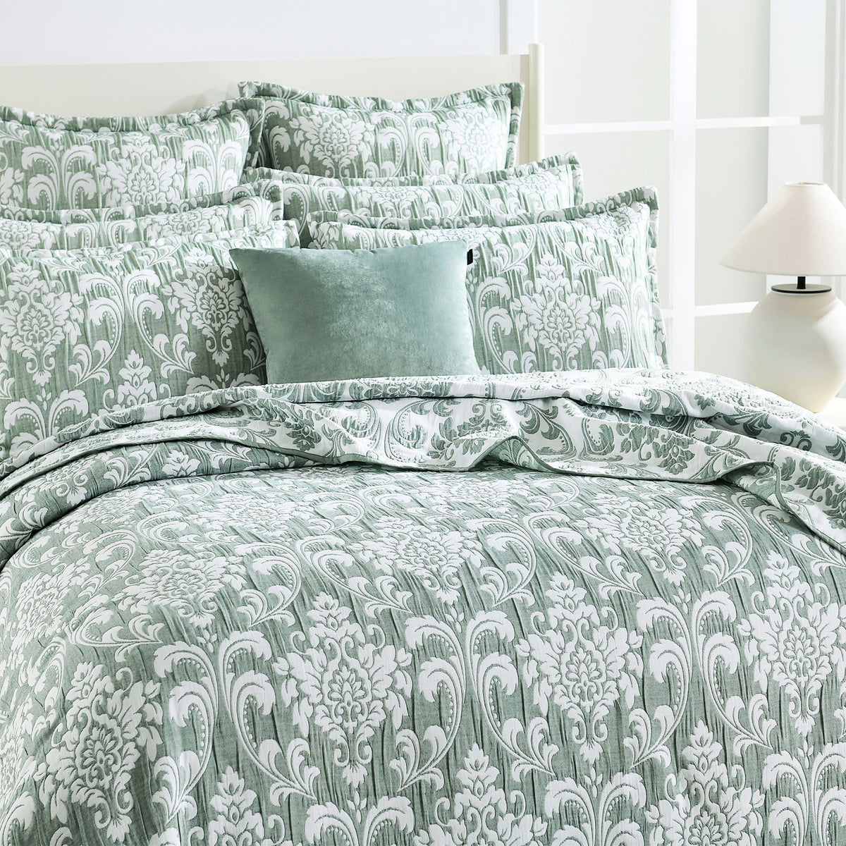 Renee Taylor Tahlia Jacquard Reversible Coverlet Set - Jade (OEKO-TEX Certified Bedspread)
