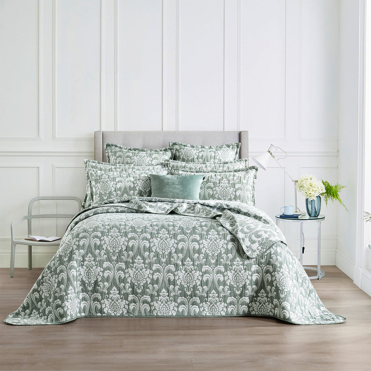 Renee Taylor Tahlia Jacquard Reversible Coverlet Set - Jade (OEKO-TEX Certified Bedspread)