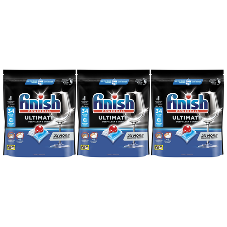 3x Finish Powerball Ultimate Deep Clean & Shine Dishwasher Tablets with Baking Soda (3x34 Pack)