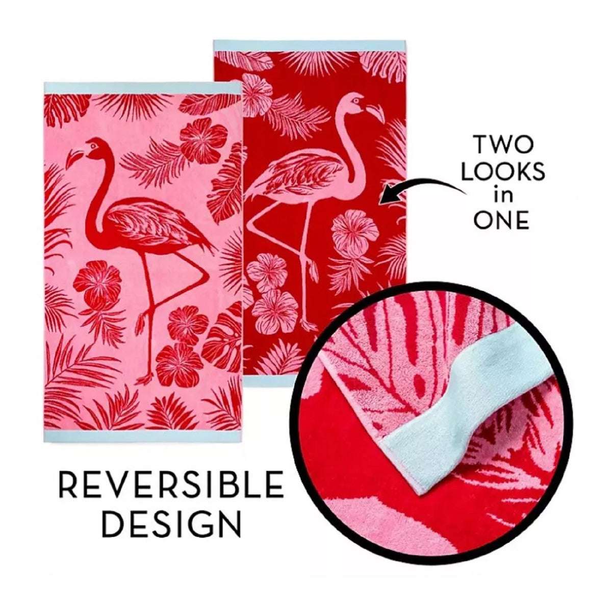 Renee Taylor Pink Flamingo Cotton Velour Beach Towel 2 Pack - Pink/Red (550 GSM Jacquard, 100 x 180cm)