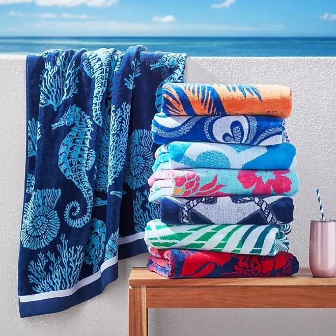 Renee Taylor Dinosaur Cotton Velour Kids Beach Towel 2 Pack - Navy/Aqua (550 GSM Jacquard, 75 x 150cm)
