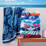 Renee Taylor Shark Cotton Velour Kids Beach Towel 2 Pack - Navy/Blue (550 GSM Jacquard, 75 x 150cm)
