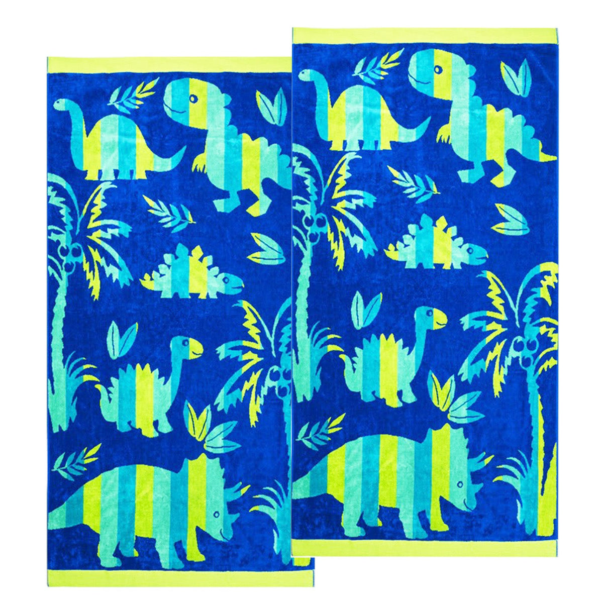 Renee Taylor Dinosaur Cotton Velour Kids Beach Towel 2 Pack - Navy/Aqua (550 GSM Jacquard, 75 x 150cm)
