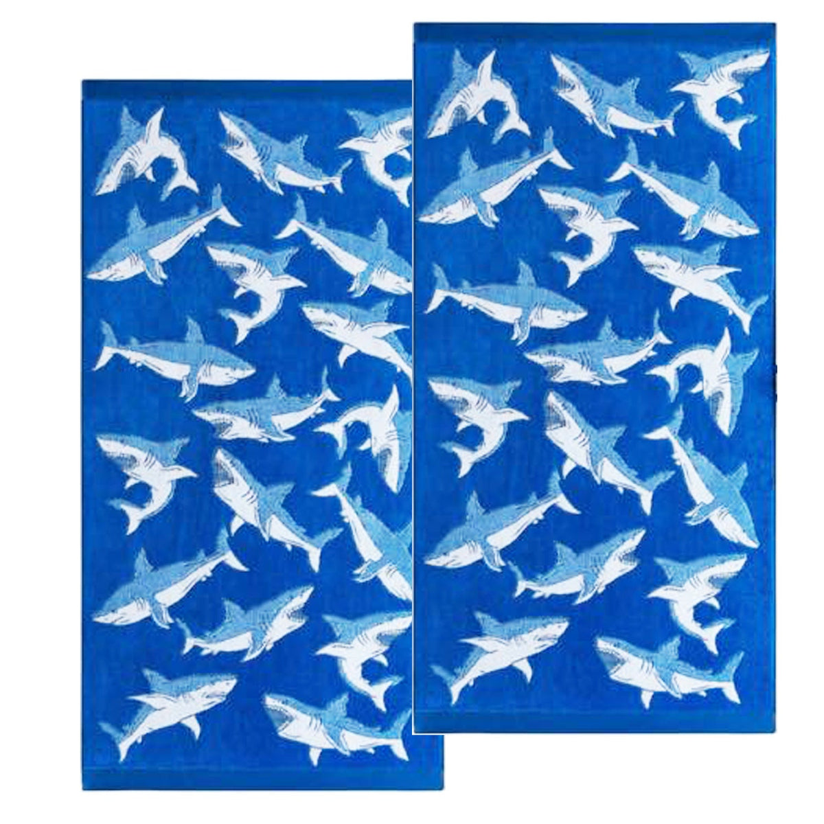 Renee Taylor Shark Cotton Velour Kids Beach Towel 2 Pack - Navy/Blue (550 GSM Jacquard, 75 x 150cm)