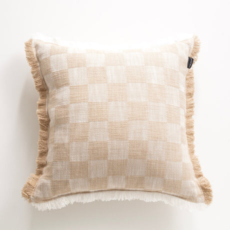 Renee Taylor Noah Checkered Stonewashed Cotton Cushion - Nude (Square Decorative Throw Pillow - 50 x 50cm)