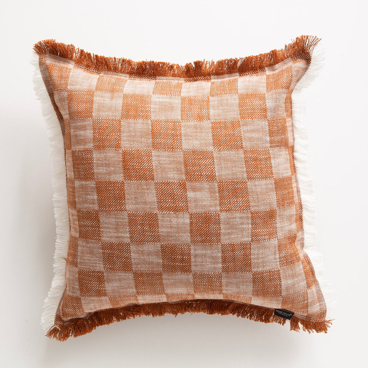 Renee Taylor Noah Checkered Stonewashed Cotton Cushion - Terracotta (Square Decorative Throw Pillow - 50 x 50cm)