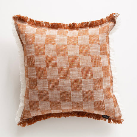 Renee Taylor Noah Checkered Stonewashed Cotton Cushion - Terracotta (Square Decorative Throw Pillow - 50 x 50cm)