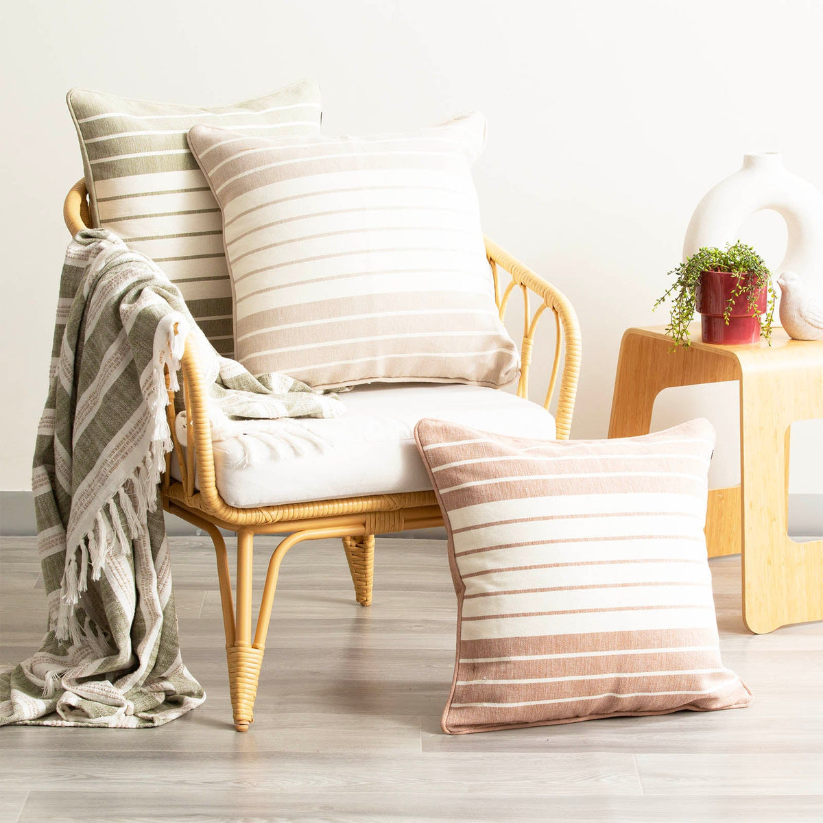 Renee Taylor Palma Stripe Stonewashed Yarn Dyed Cushion - Khaki (Square Decorative Throw Pillow - 50 x 50cm)