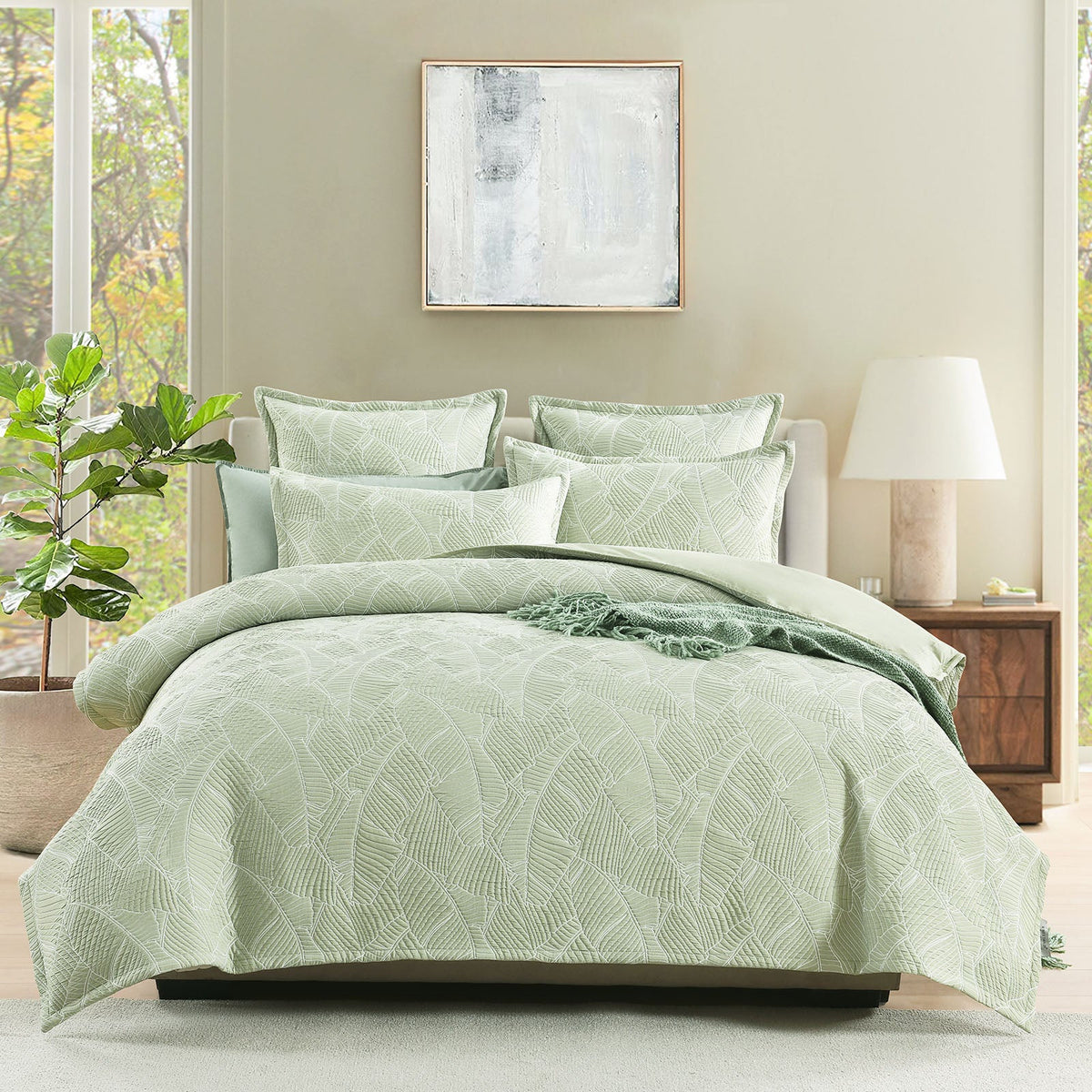 Renee Taylor Woods Banana Leaf Jacquard Quilt Cover Set - Sage (OEKO-TEX Certified)