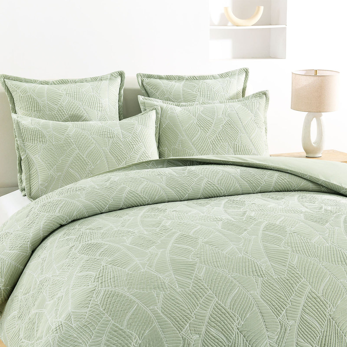 Renee Taylor Woods Banana Leaf Jacquard Quilt Cover Set - Sage (OEKO-TEX Certified)