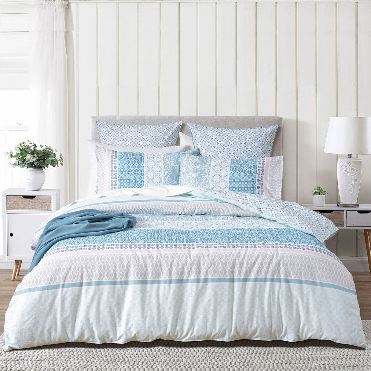 Renee Taylor Margot 300TC Cotton Reversible Quilt Cover Set - Blue (OEKO-TEX Certified)