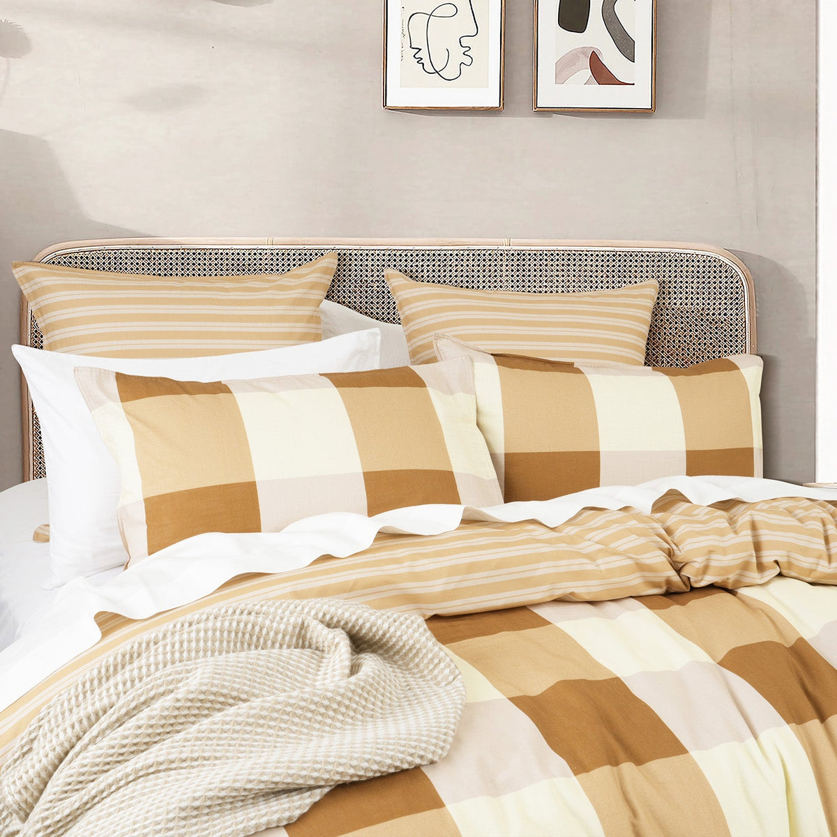 Renee Taylor Berlin Checks 300TC Cotton Reversible Quilt Cover Set - Tan (OEKO-TEX Certified)