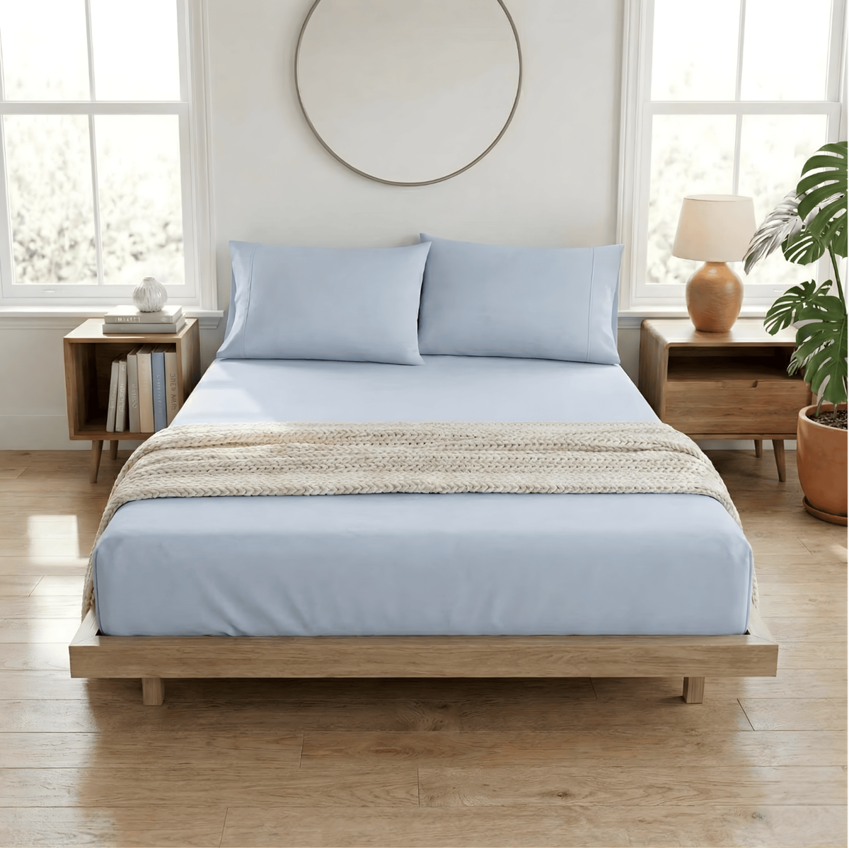 Renee Taylor 300TC Organic Cotton Fitted Sheet & Pillowcase Set - Baby Blue (GOTS Certified)