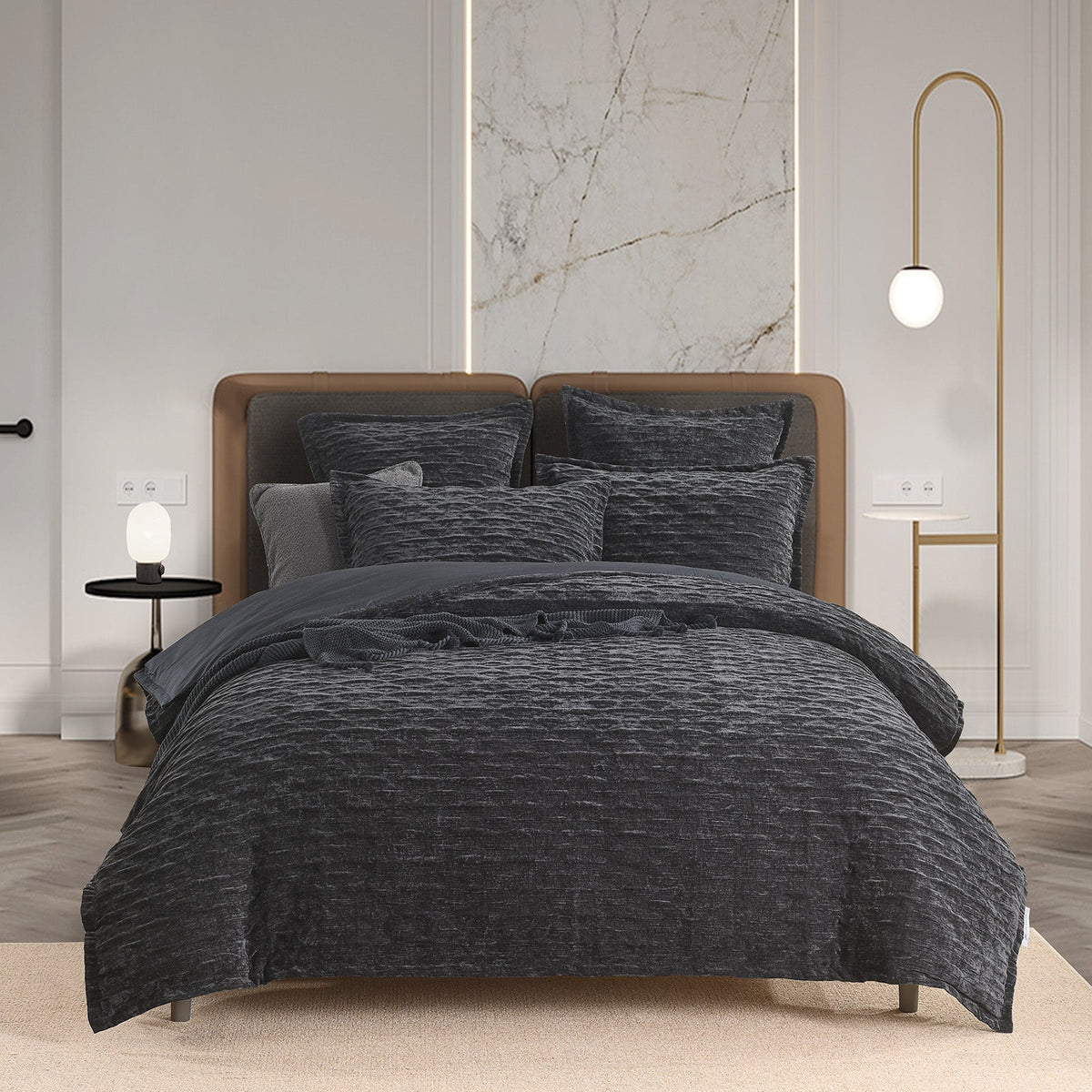 Renee Taylor Charlotte Crinkle Jacquard Quilt Cover Set - Onyx (OEKO-TEX Certified)