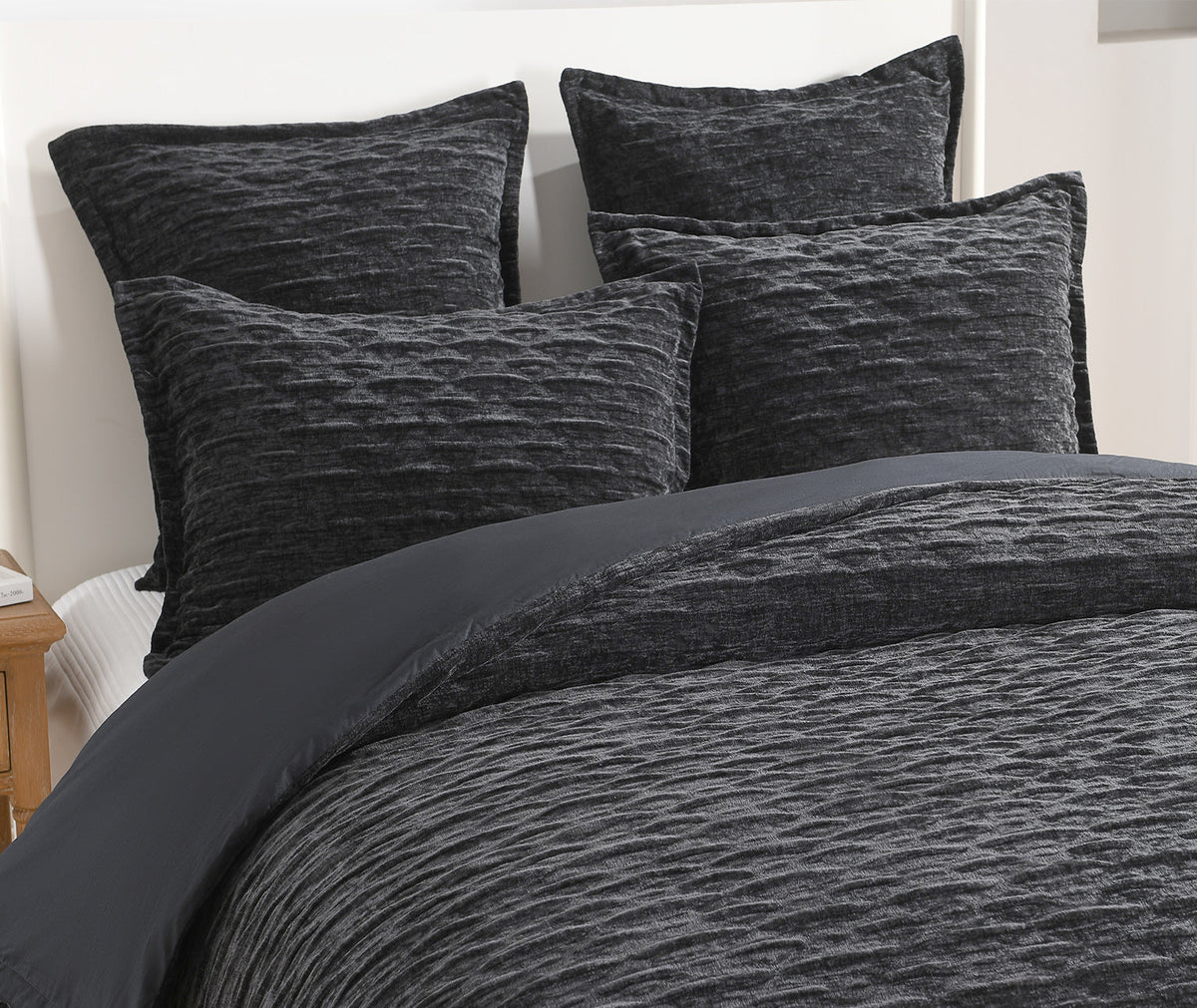 Renee Taylor Charlotte Crinkle Jacquard Quilt Cover Set - Onyx (OEKO-TEX Certified)