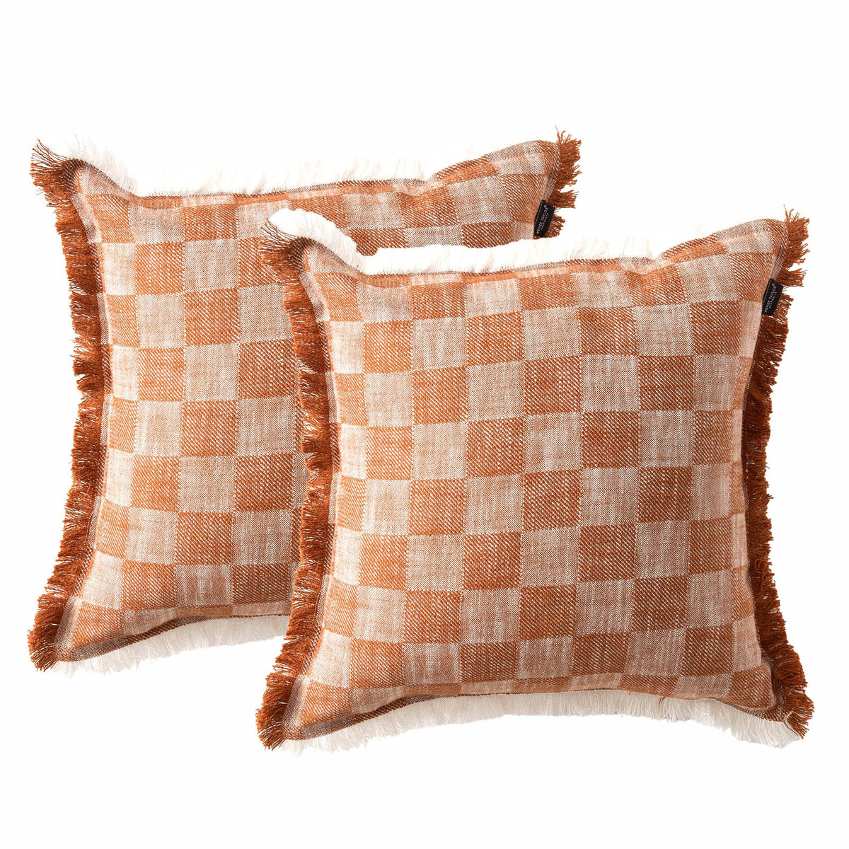 2x Renee Taylor Noah Checkered Stonewashed Cotton Cushion - Terracotta (Square Decorative Throw Pillow Twin Pack - 50 x 50cm)