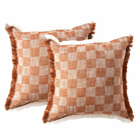 2x Renee Taylor Noah Checkered Stonewashed Cotton Cushion - Terracotta (Square Decorative Throw Pillow Twin Pack - 50 x 50cm)