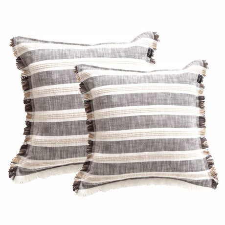 2x Renee Taylor Capri Stripe Stonewashed Yarn Dyed Cushion - Onyx (Square Decorative Throw Pillow Twin Pack - 50 x 50cm)