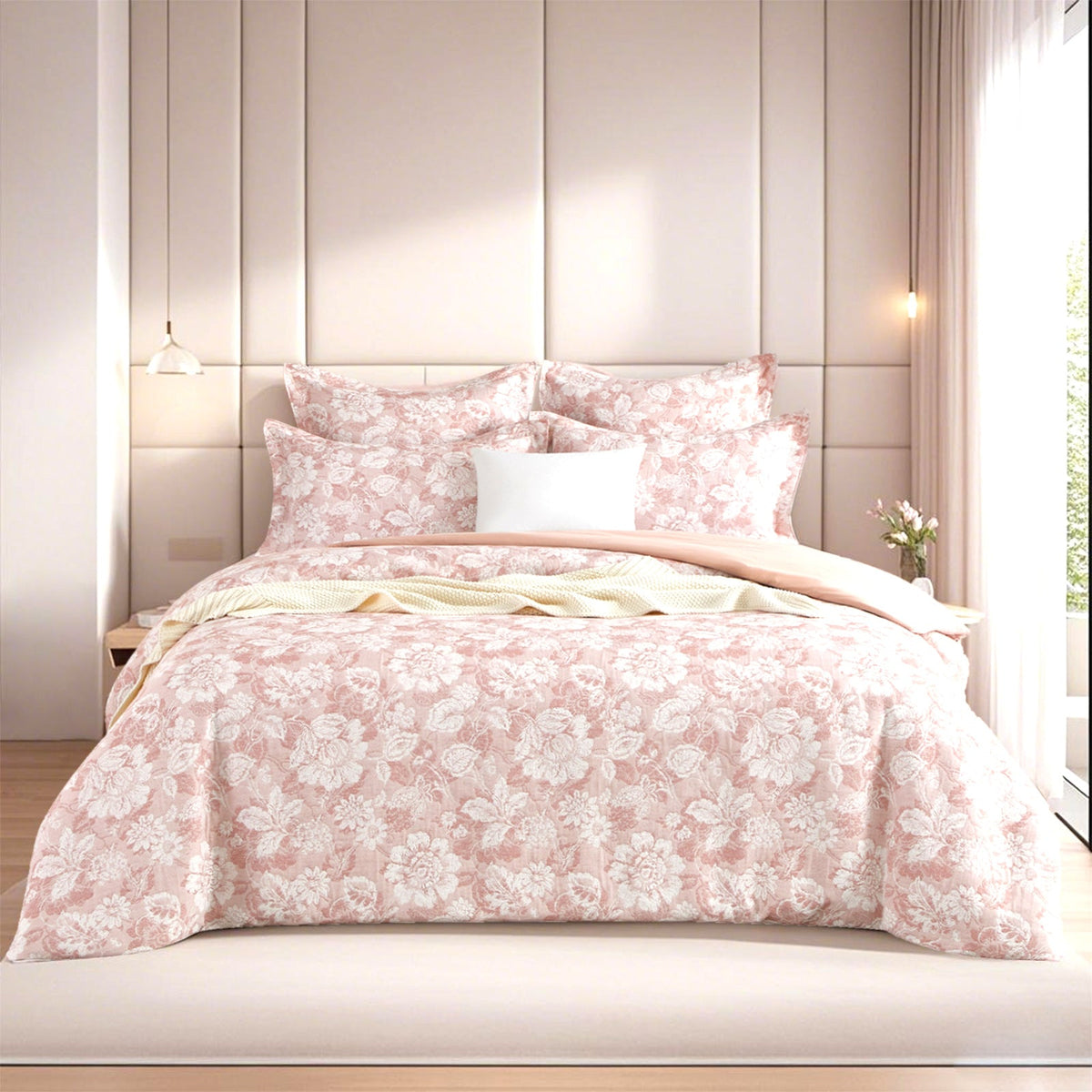 Renee Taylor Aura Cotton Blend Jacquard Quilt Cover Set - Blush (OEKO-TEX Certified)
