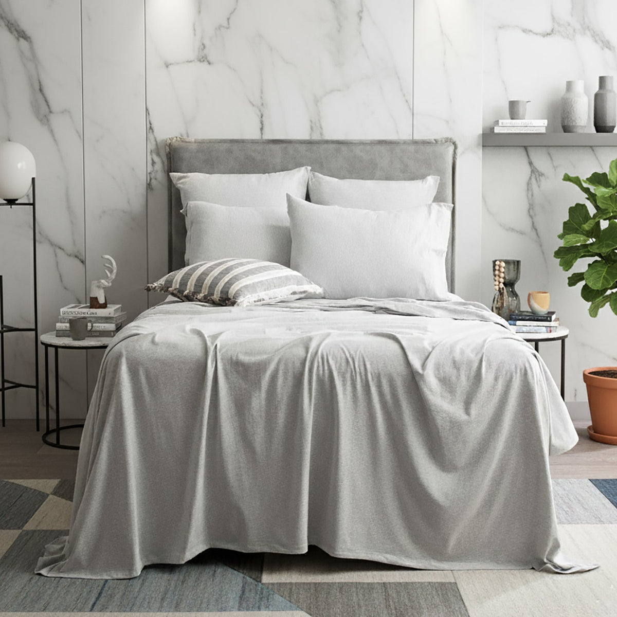 Renee Taylor Comfort T's Organic Cotton Jersey Bed Sheet Set - Grey Marle (OEKO-TEX Certified)