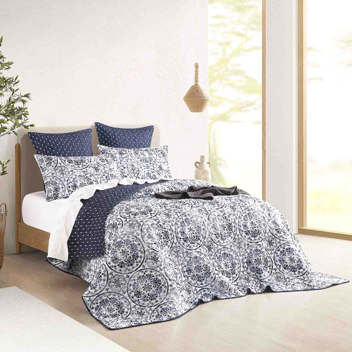 Renee Taylor Delos Quilted Reversible Coverlet Set - Blue/White (Medallion Print Bedspread)