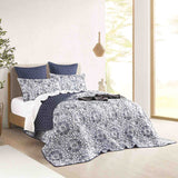 Renee Taylor Delos Quilted Reversible Coverlet Set - Blue/White (Medallion Print Bedspread)