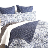 Renee Taylor Delos Quilted Reversible Coverlet Set - Blue/White (Medallion Print Bedspread)