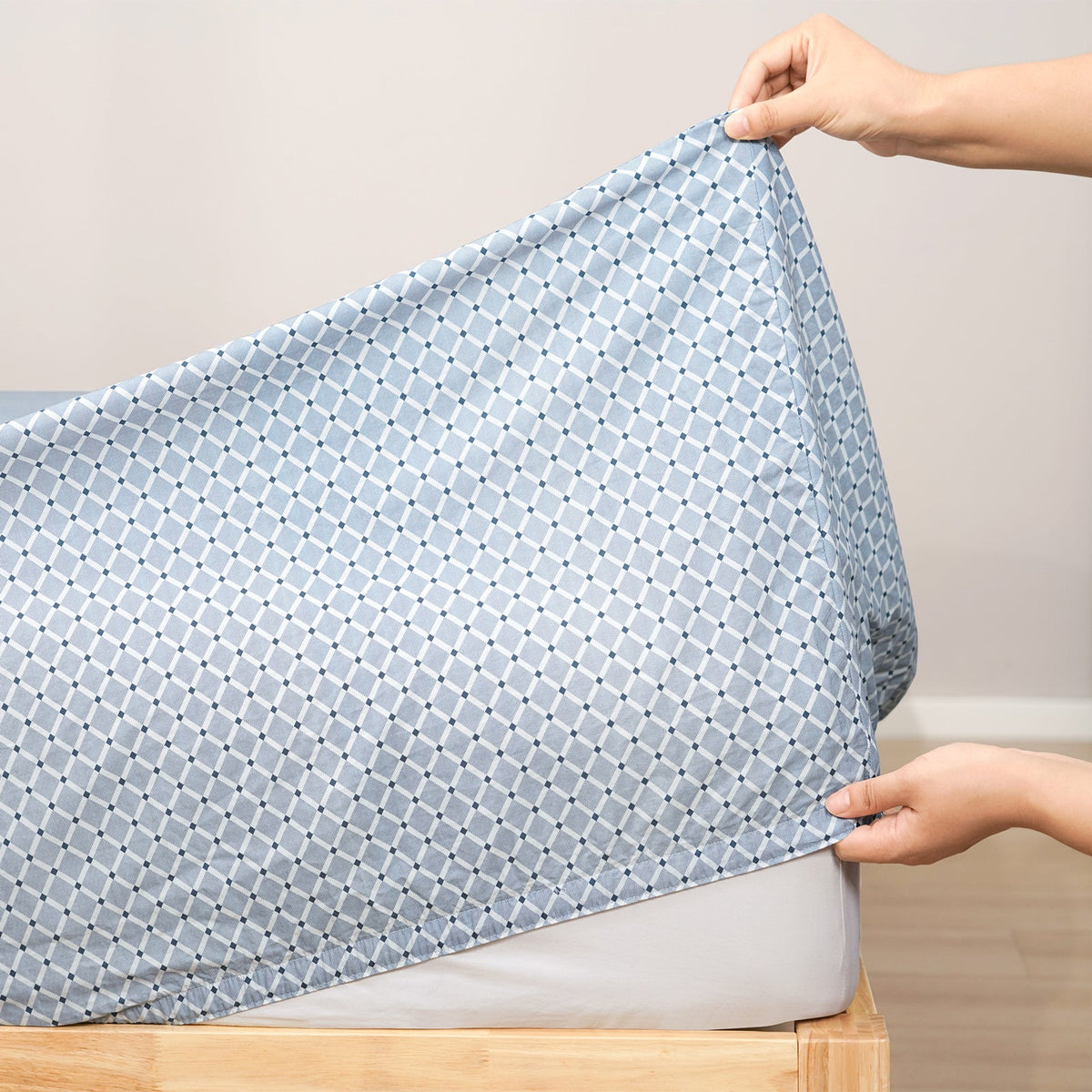 Renee Taylor Kiki 250TC Cotton Percale Sheet Set - Blue Mini Check (OEKO-TEX Certified)
