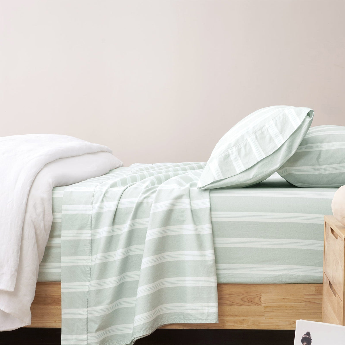 Renee Taylor Frankie 250TC Cotton Percale Kids Sheet Set - Sage Stripe (OEKO-TEX Certified)