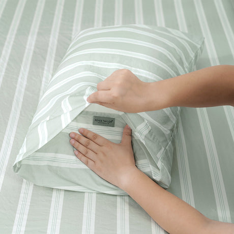Renee Taylor Frankie 250TC Cotton Percale Sheet Set - Sage Stripe (OEKO-TEX Certified)