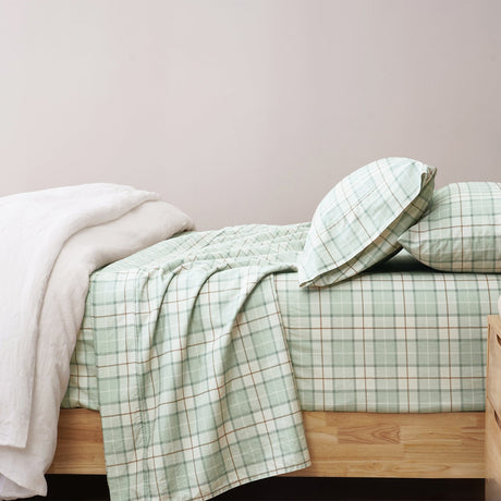 Renee Taylor Jamie 250TC Cotton Percale Sheet Set - Green Check (OEKO-TEX Certified)
